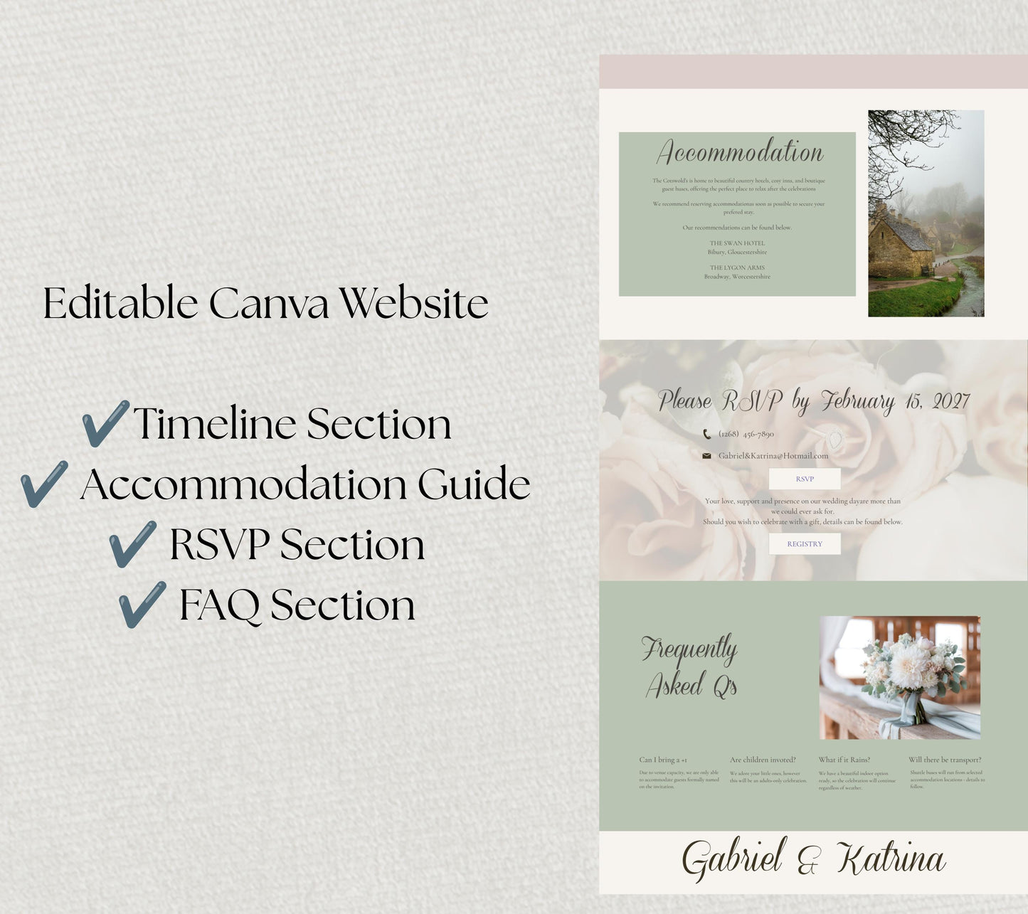 Romantic Sage and Blush Wedding Website Template. Editable Canva Site With A Live Countdown and RSVP, Music, Meal Tracker.