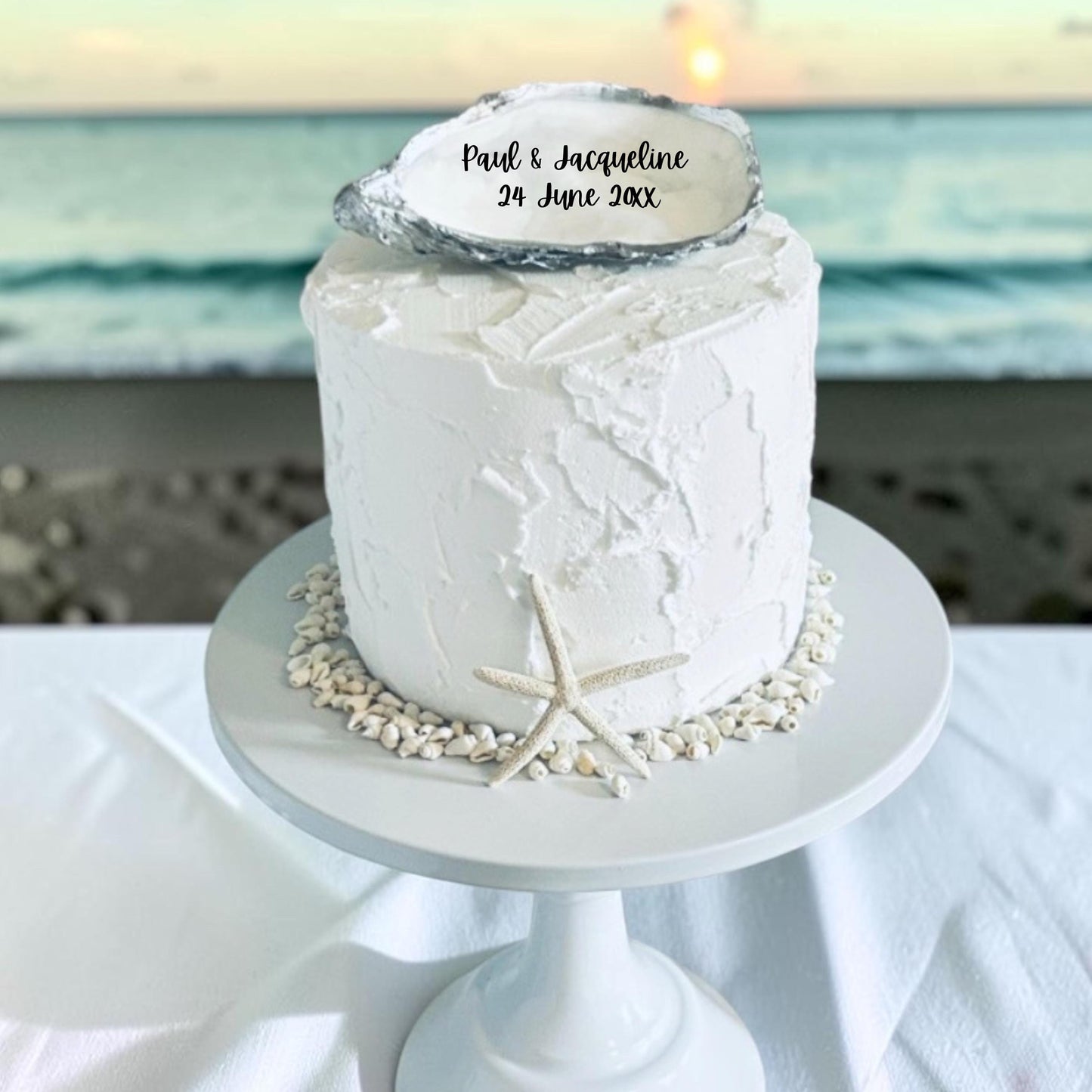 Personalised Silver Oyster Shell Wedding Cake Topper. Beach Theme Decoration.