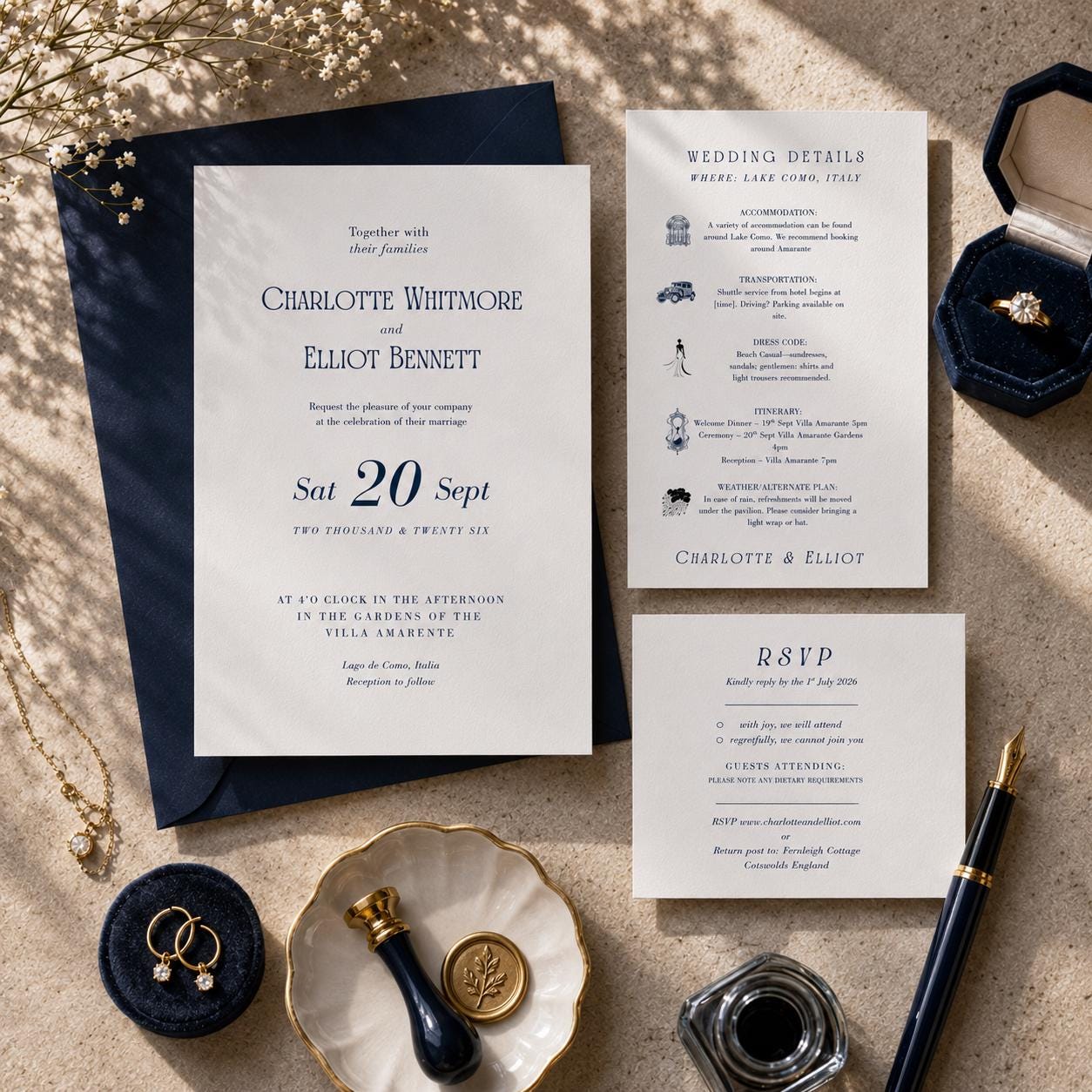 Navy And White Minimalist Wedding Invite Set. Personalised Elegant Wedding Details Card.