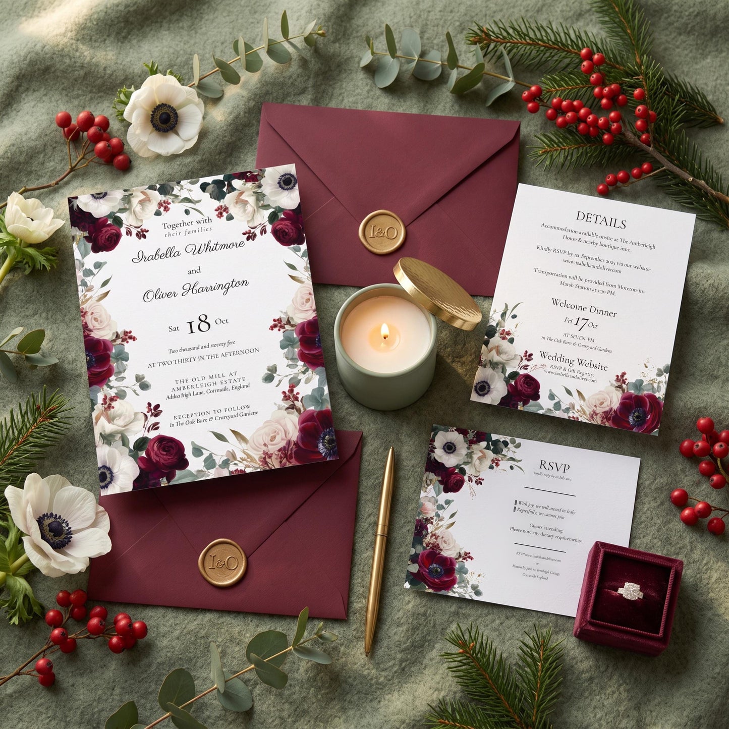 Burgundy Wedding Invitation Set. Luxurious Olive Green, Cream and Red Canva Digital Download Template.