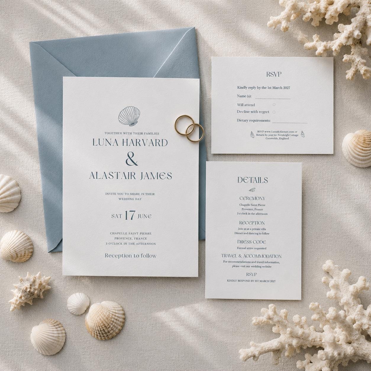 Coastal Wedding Invitation Template, Editable Canva Scallop Shell Invite Set. Minimal Beach Invite, Instant Download.