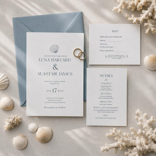 Coastal Wedding Invitation Template, Editable Canva Scallop Shell Invite Set. Minimal Beach Invite, Instant Download.