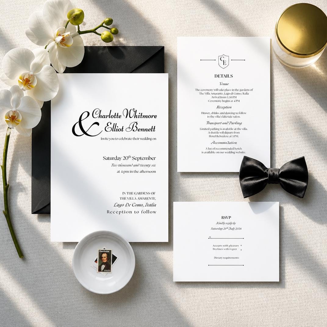Old Money Invite Set, Elegant Vintage Wedding Invitation. Formal Black & White Luxury Editable Canva Template.
