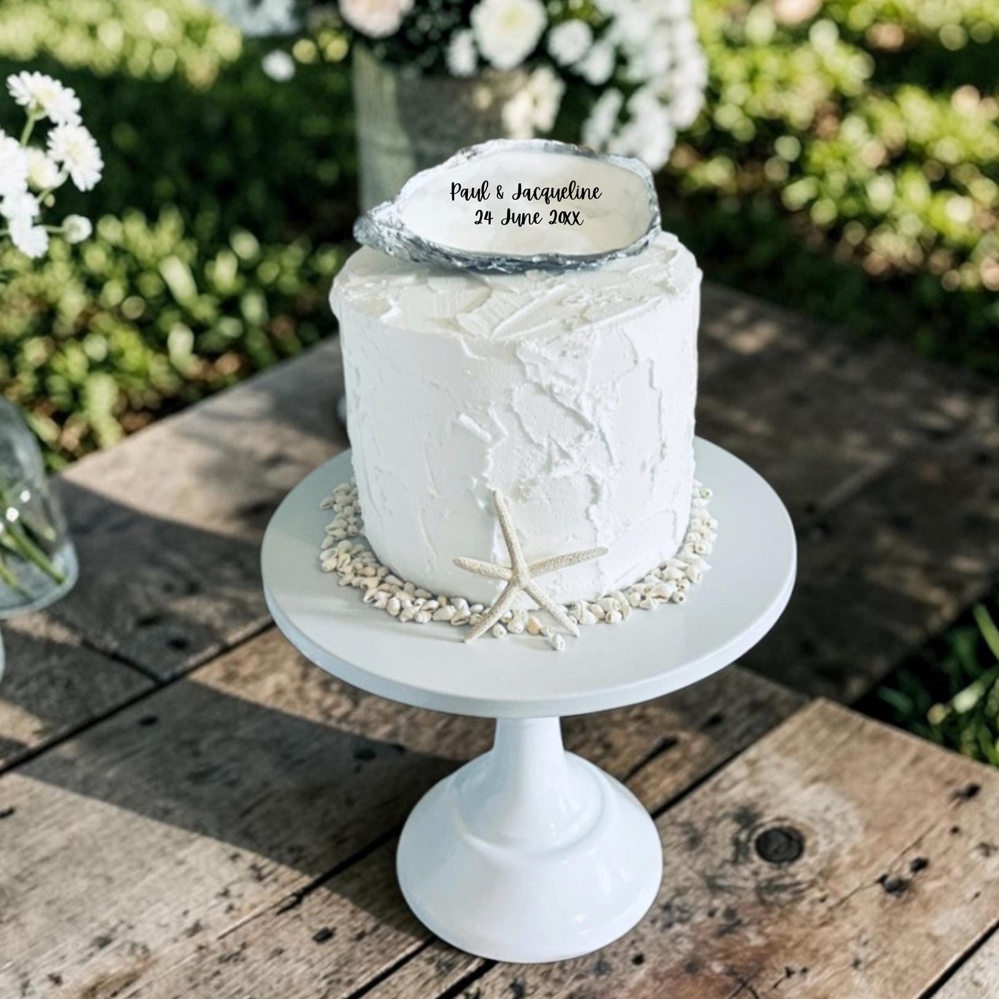 Personalised Silver Oyster Shell Wedding Cake Topper. Beach Theme Decoration.