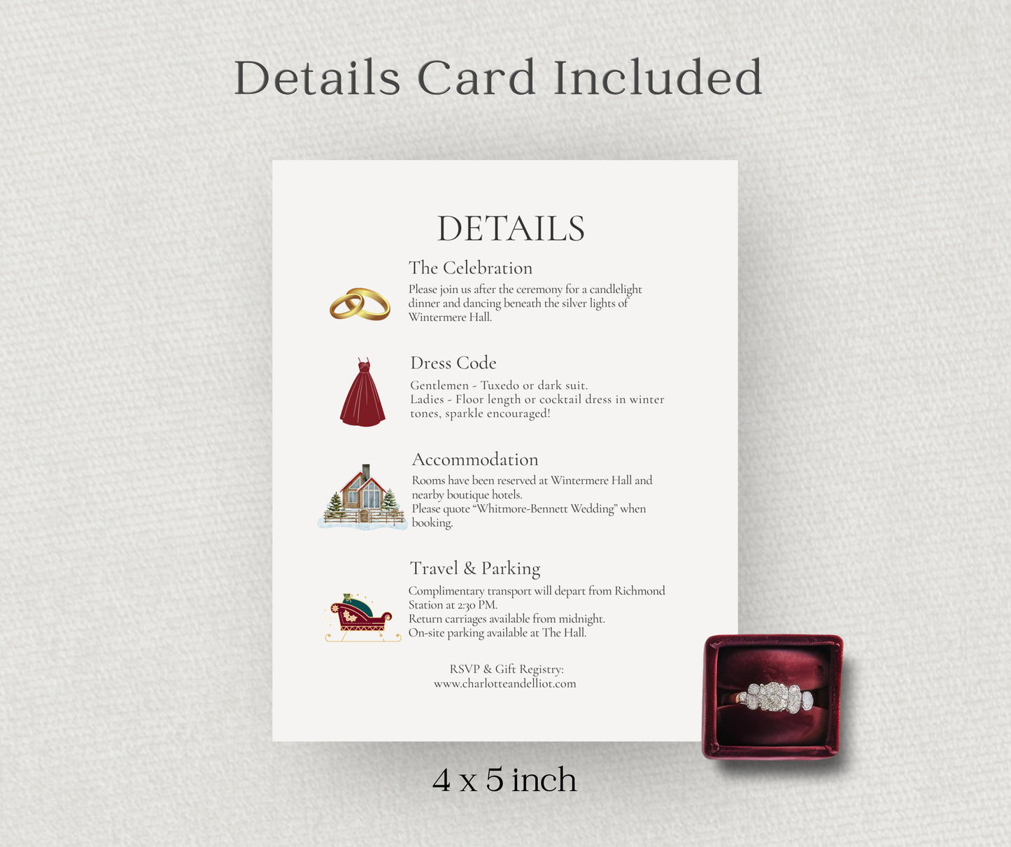 Burgundy and Gold Christmas Wedding Invitation Template. Editable Canva Winter Invite. Red Festive Tree Design, Printable RSVP Details Card