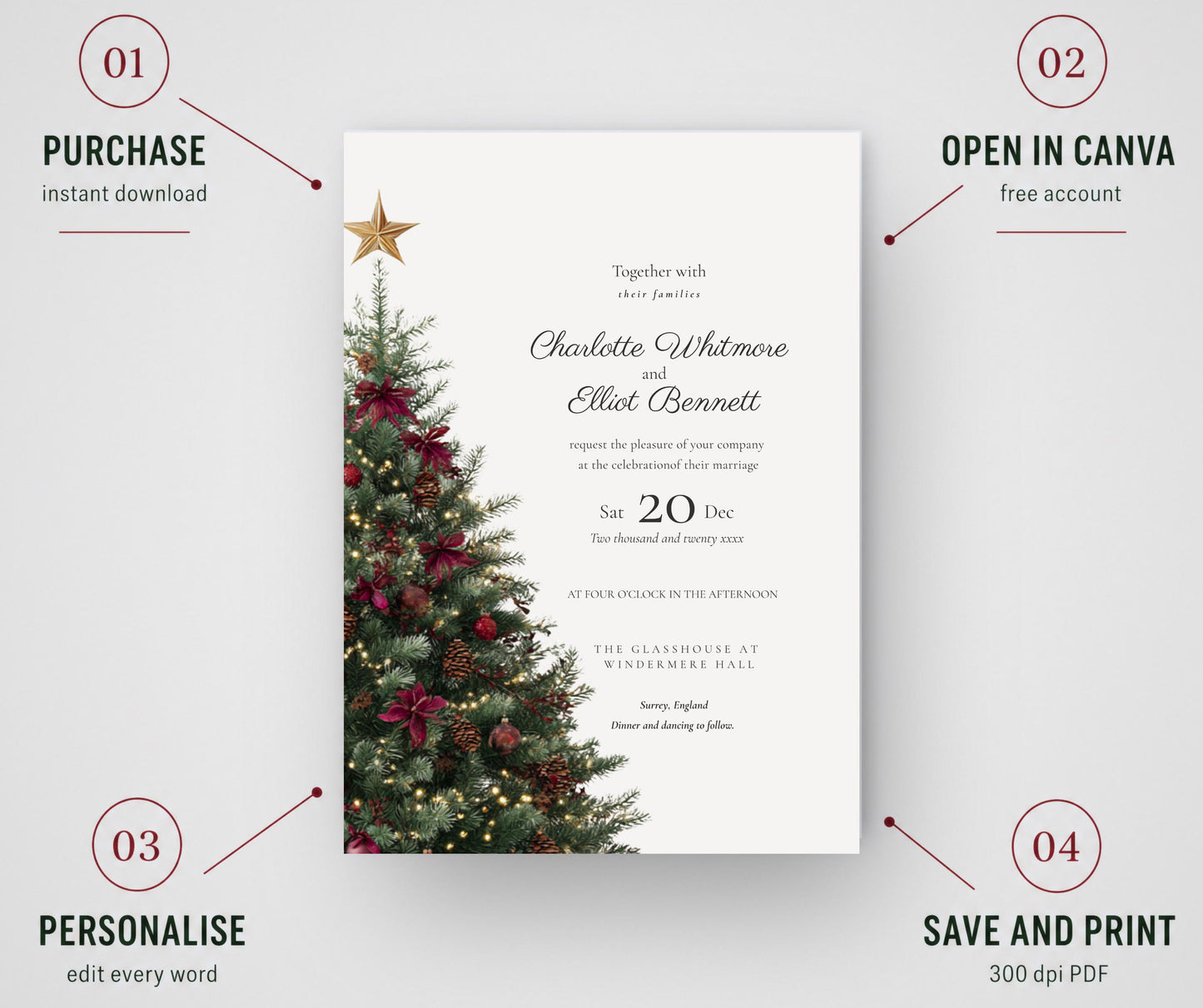 Burgundy and Gold Christmas Wedding Invitation Template. Editable Canva Winter Invite. Red Festive Tree Design, Printable RSVP Details Card