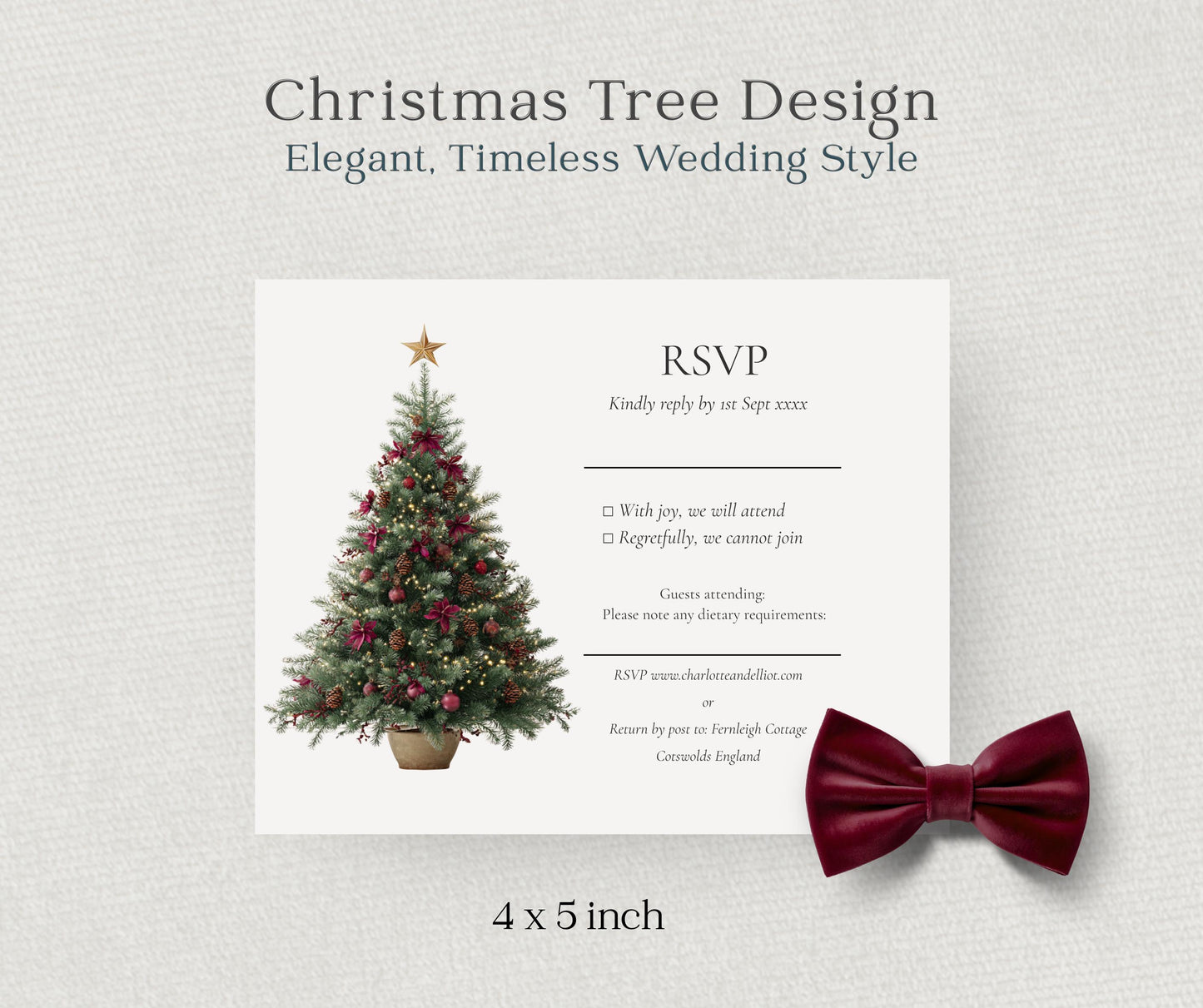 Burgundy and Gold Christmas Wedding Invitation Template. Editable Canva Winter Invite. Red Festive Tree Design, Printable RSVP Details Card