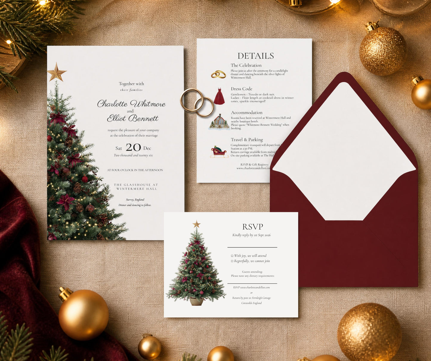 Burgundy and Gold Christmas Wedding Invitation Template. Editable Canva Winter Invite. Red Festive Tree Design, Printable RSVP Details Card