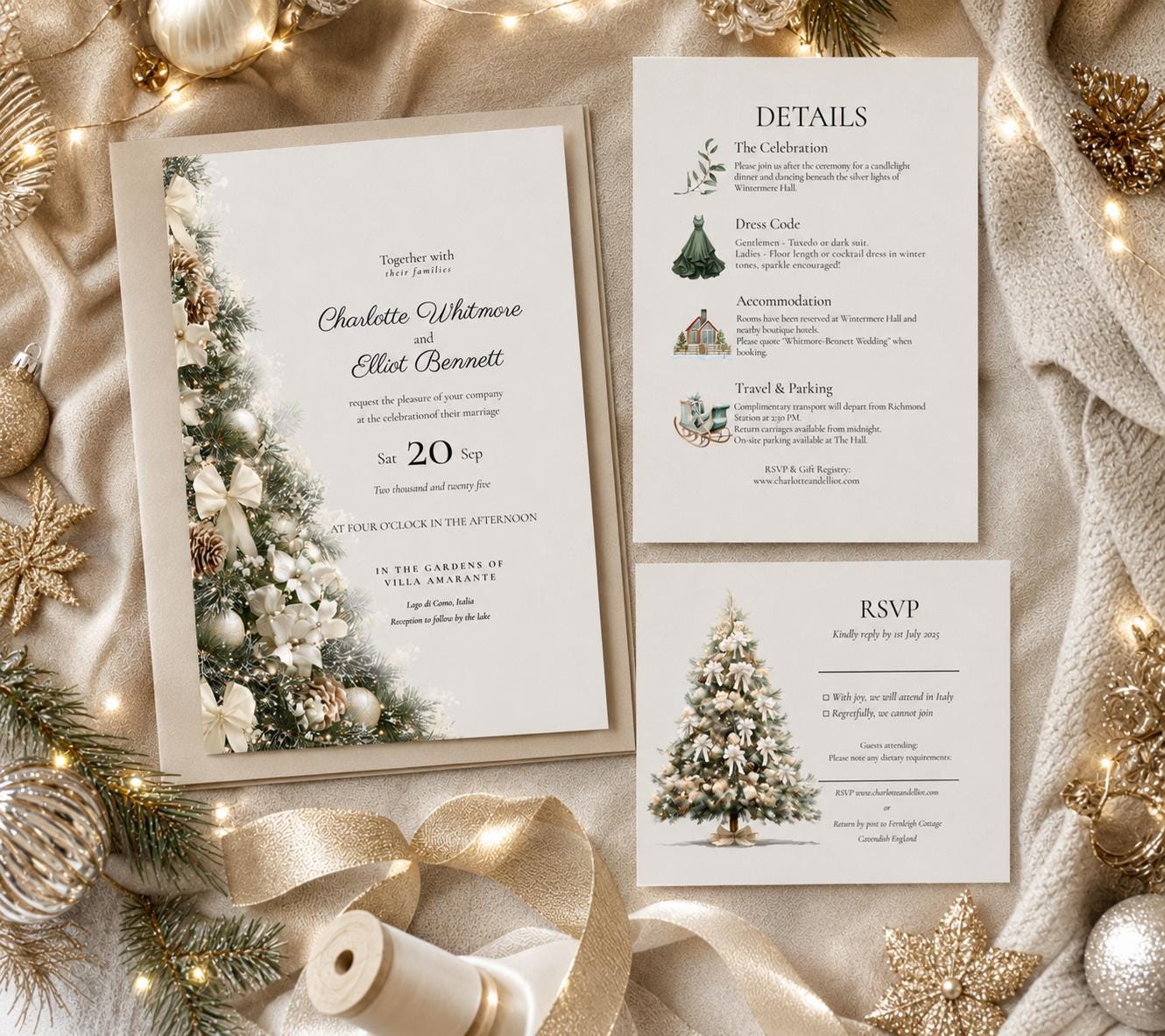 Christmas Wedding Invitation Set. Festive Xmas Tree Stationery. Canva Template Instant Download.
