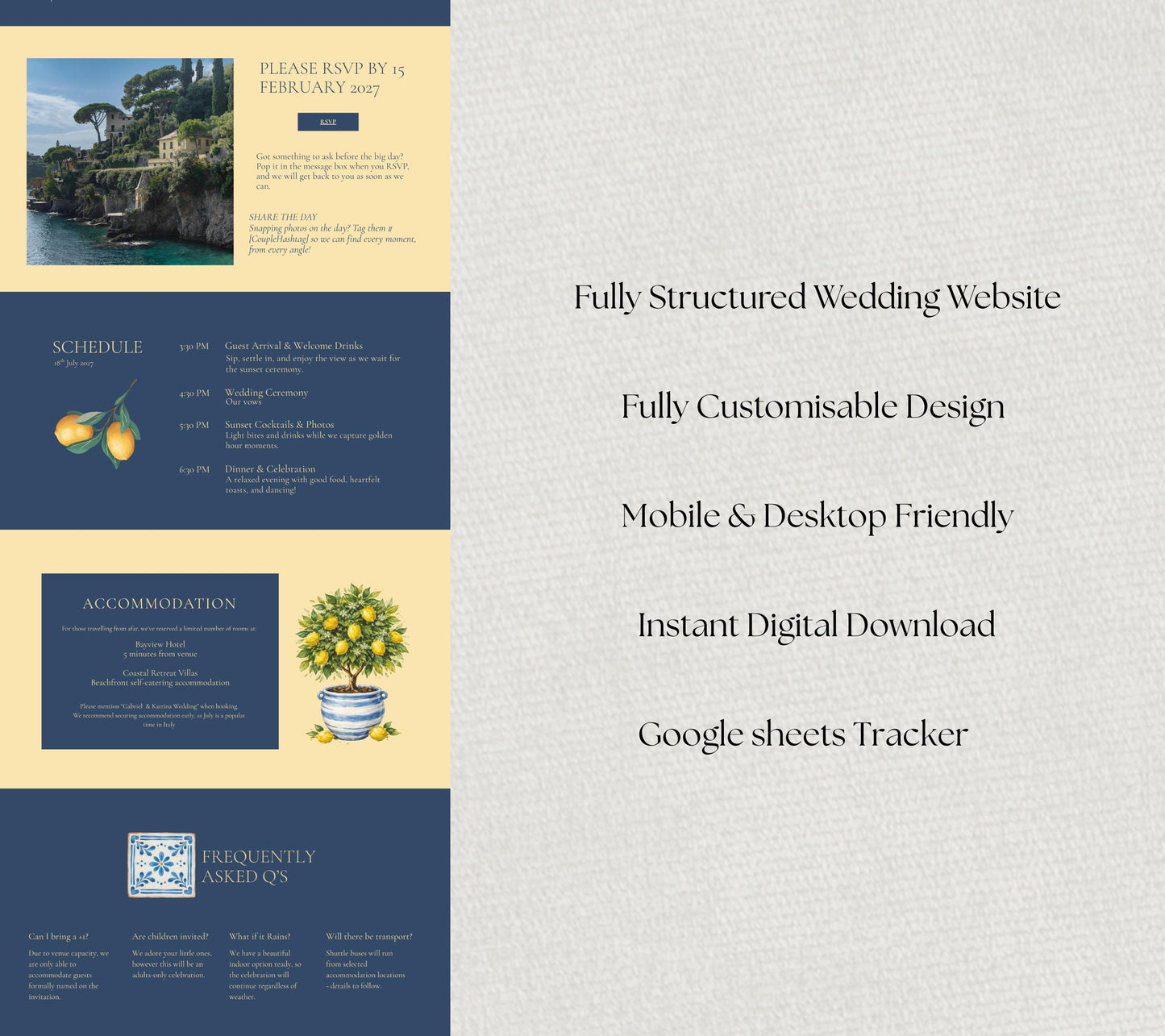 Italian Wedding Website. Canva Amalfi Destination Template. Lemon Theme with Live Countdown. Google RSVP, Meals, Song Request Tracker.