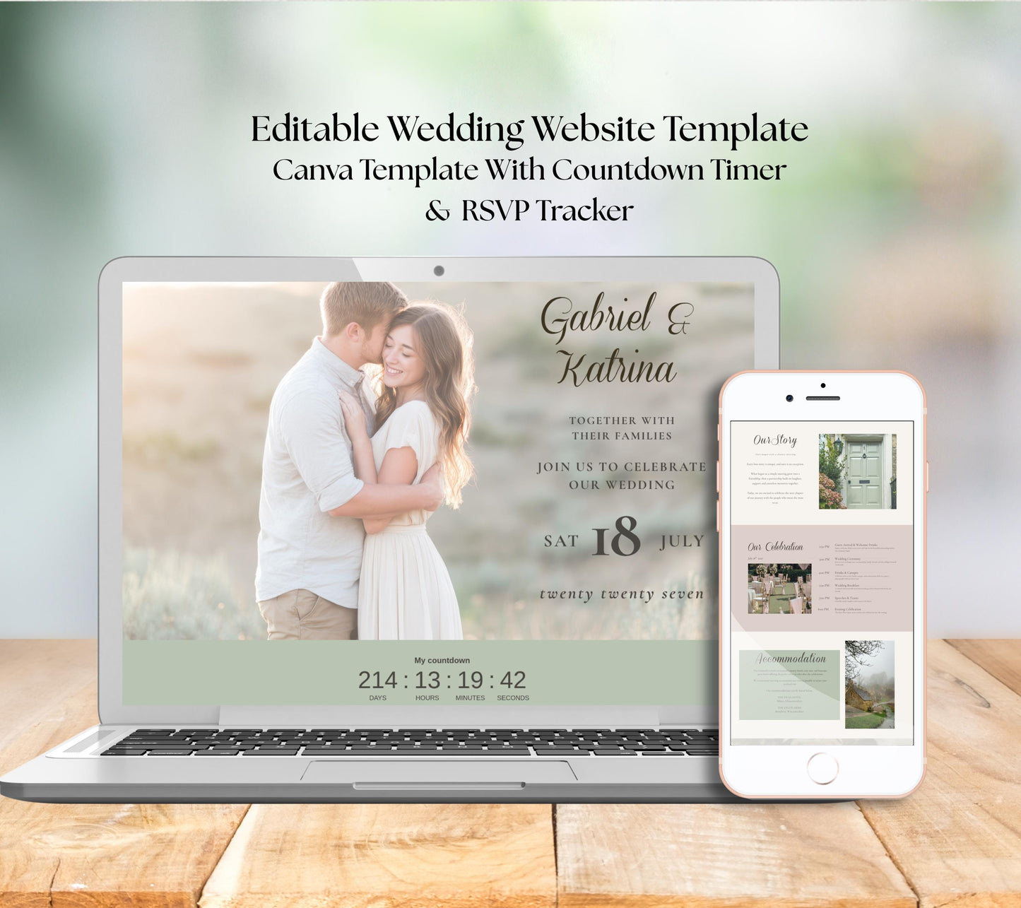 Romantic Sage and Blush Wedding Website Template. Editable Canva Site With A Live Countdown and RSVP, Music, Meal Tracker.