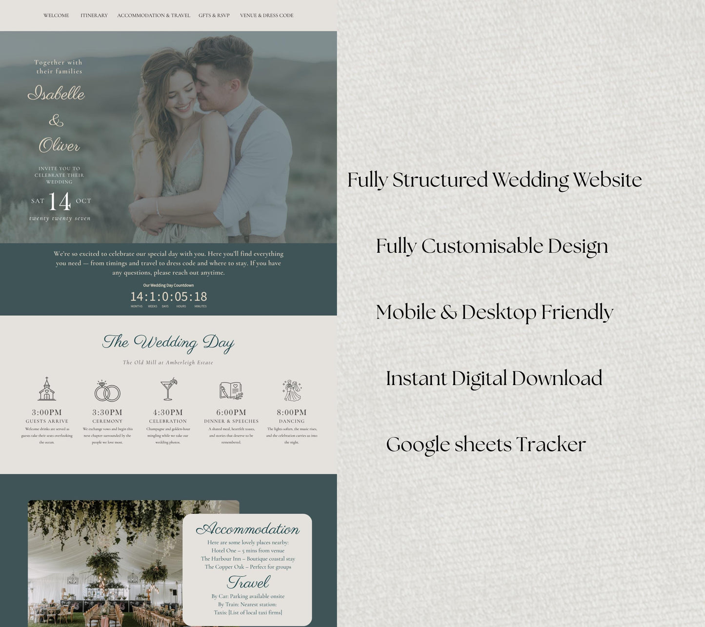 Romantic Garden Wedding Website Template. Elegant Wedding Theme. Instant Canva Download. Countdown Timer and RSVP, Meal, Music Tracker.