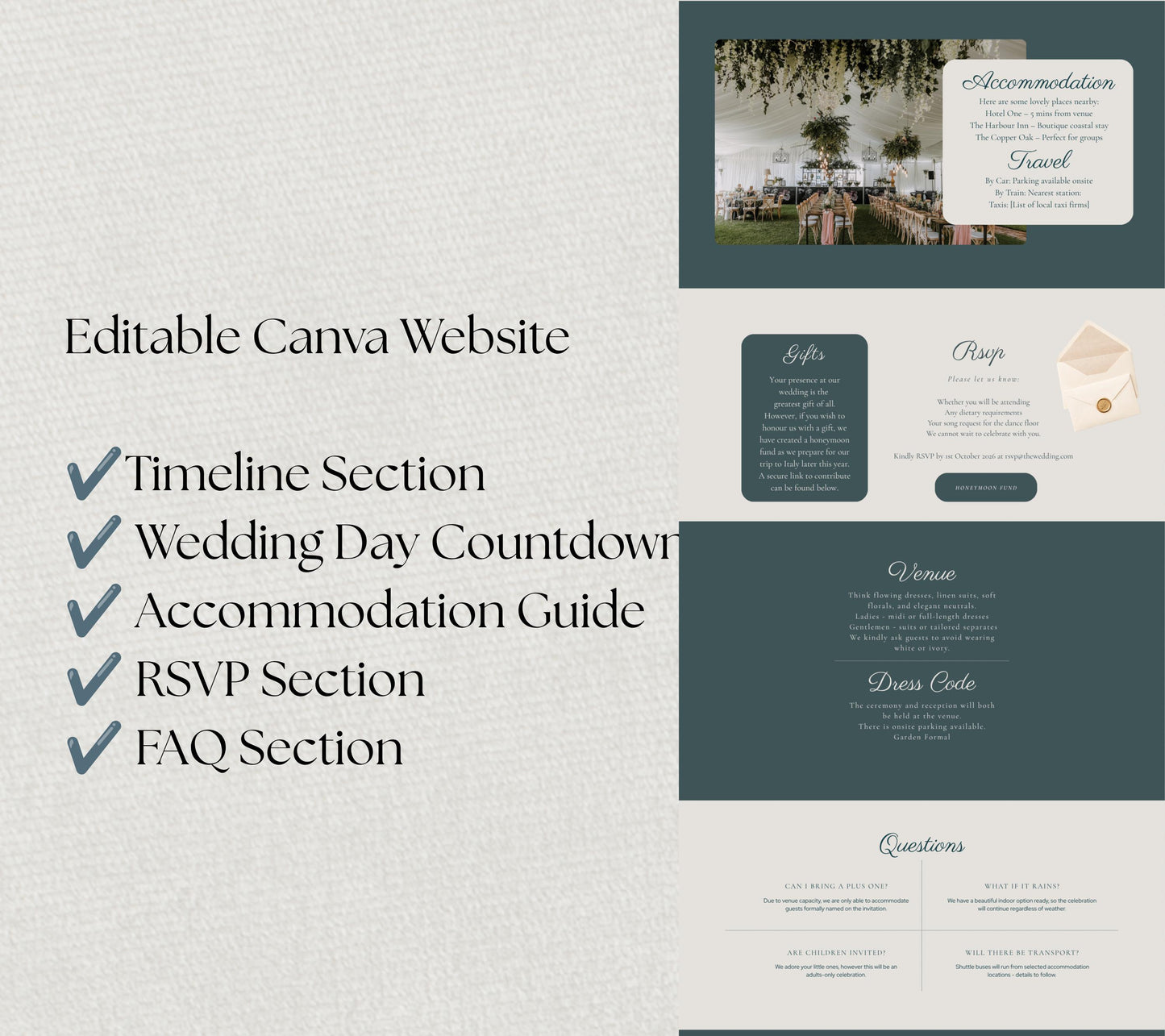 Romantic Garden Wedding Website Template. Elegant Wedding Theme. Instant Canva Download. Countdown Timer and RSVP, Meal, Music Tracker.