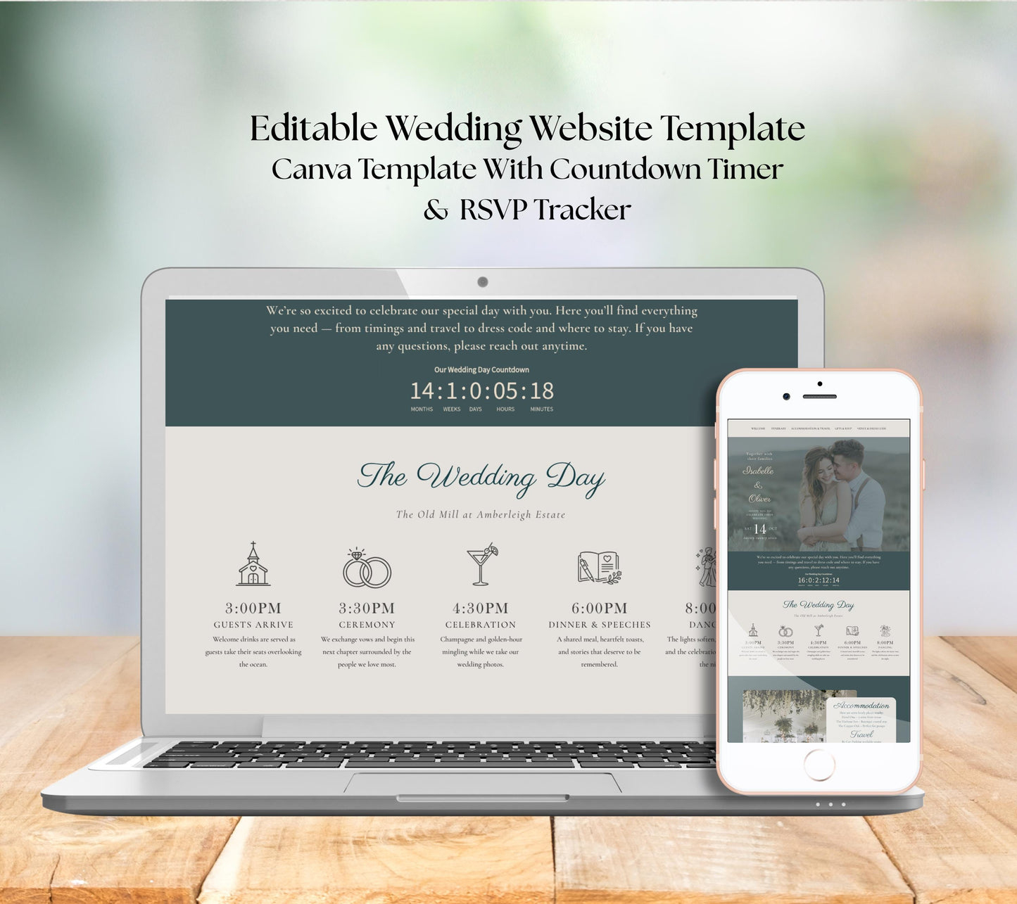 Romantic Garden Wedding Website Template. Elegant Wedding Theme. Instant Canva Download. Countdown Timer and RSVP, Meal, Music Tracker.