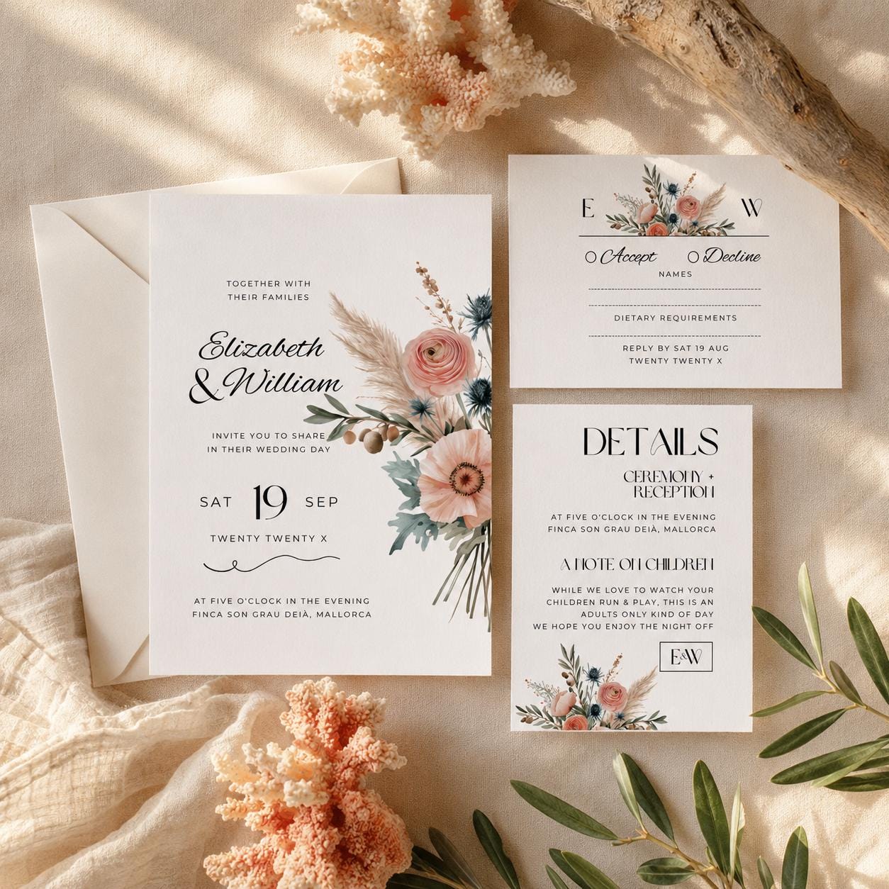 Coastal Boho Wedding Invitation Set. Mediterranean Terracotta Sage Editable Template. Invite RSVP Details Card Printable Canva