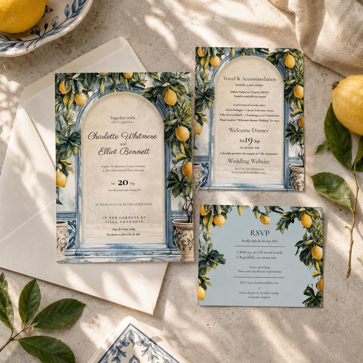 Amalfi Lemon Italian Wedding Invitation Set. Canva Lake Como Stationery. Mediterranean Invite.