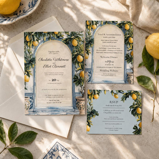 Amalfi Lemon Italian Wedding Invitation Set. Canva Lake Como Stationery. Mediterranean Invite.