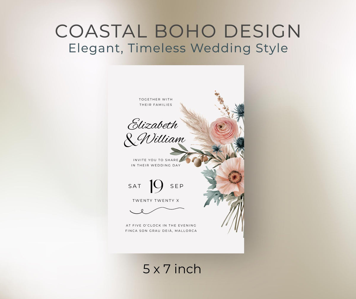 Mallorca Wedding Invitation. Coastal Boho Mediterranean Editable Template. Terracotta Sage Olive Printable Canva Download.