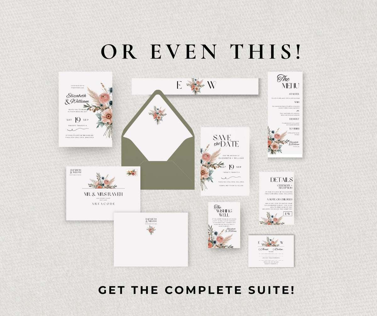 Mallorca Wedding Invitation. Coastal Boho Mediterranean Editable Template. Terracotta Sage Olive Printable Canva Download.