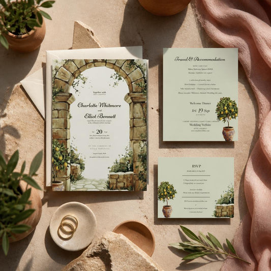 Tuscany Wedding Invitation Set. Olive Watercolour Italian Destination Stationary. Editable Canva Template. Instant Download.