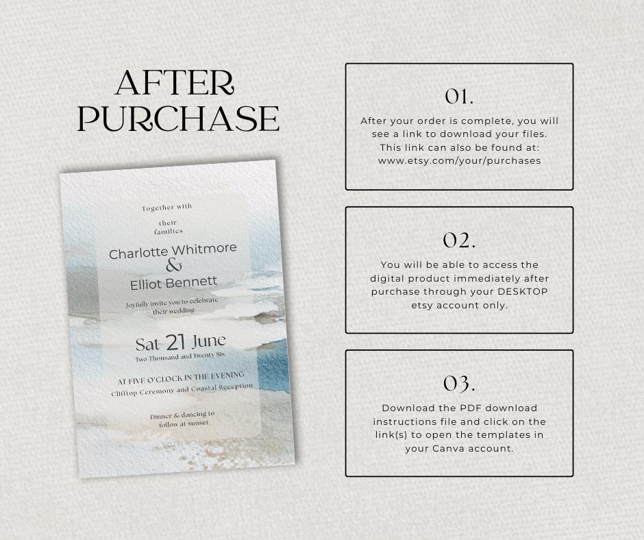Coastal Wedding Invitation Watercolour. Blue Beach Editable Template, Destination Clifftop Invite. Canva Instant Download.