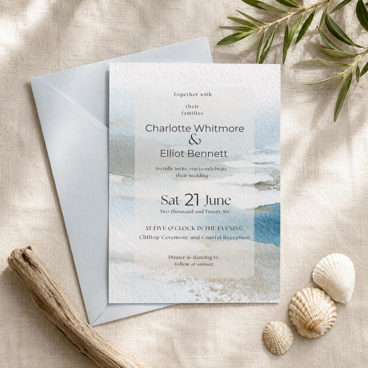 Coastal Wedding Invitation Watercolour. Blue Beach Editable Template, Destination Clifftop Invite. Canva Instant Download.