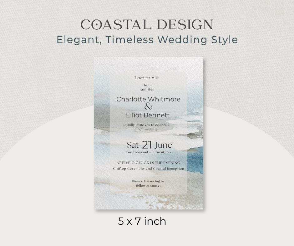 Coastal Wedding Invitation Watercolour. Blue Beach Editable Template, Destination Clifftop Invite. Canva Instant Download.