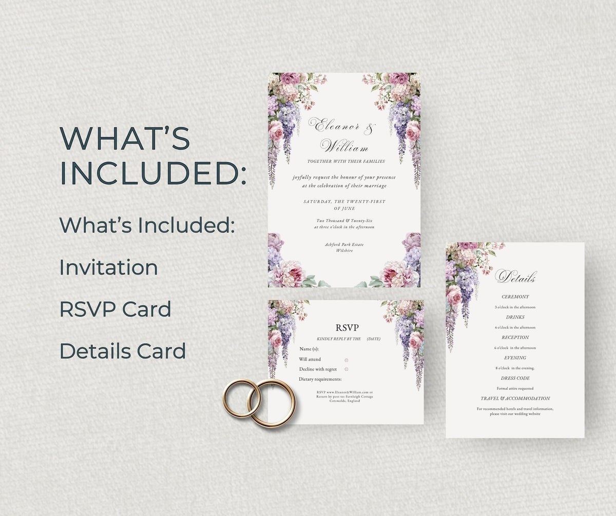 Regency Wisteria Wedding Invitation Set. Blush Lavender Floral Editable Canva Template, English Garden Invite RSVP Details