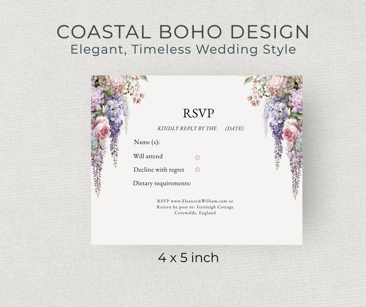 Regency Wisteria Wedding Invitation Set. Blush Lavender Floral Editable Canva Template, English Garden Invite RSVP Details