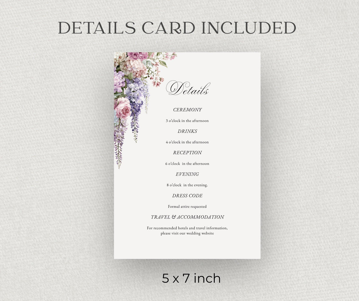 Regency Wisteria Wedding Invitation Set. Blush Lavender Floral Editable Canva Template, English Garden Invite RSVP Details