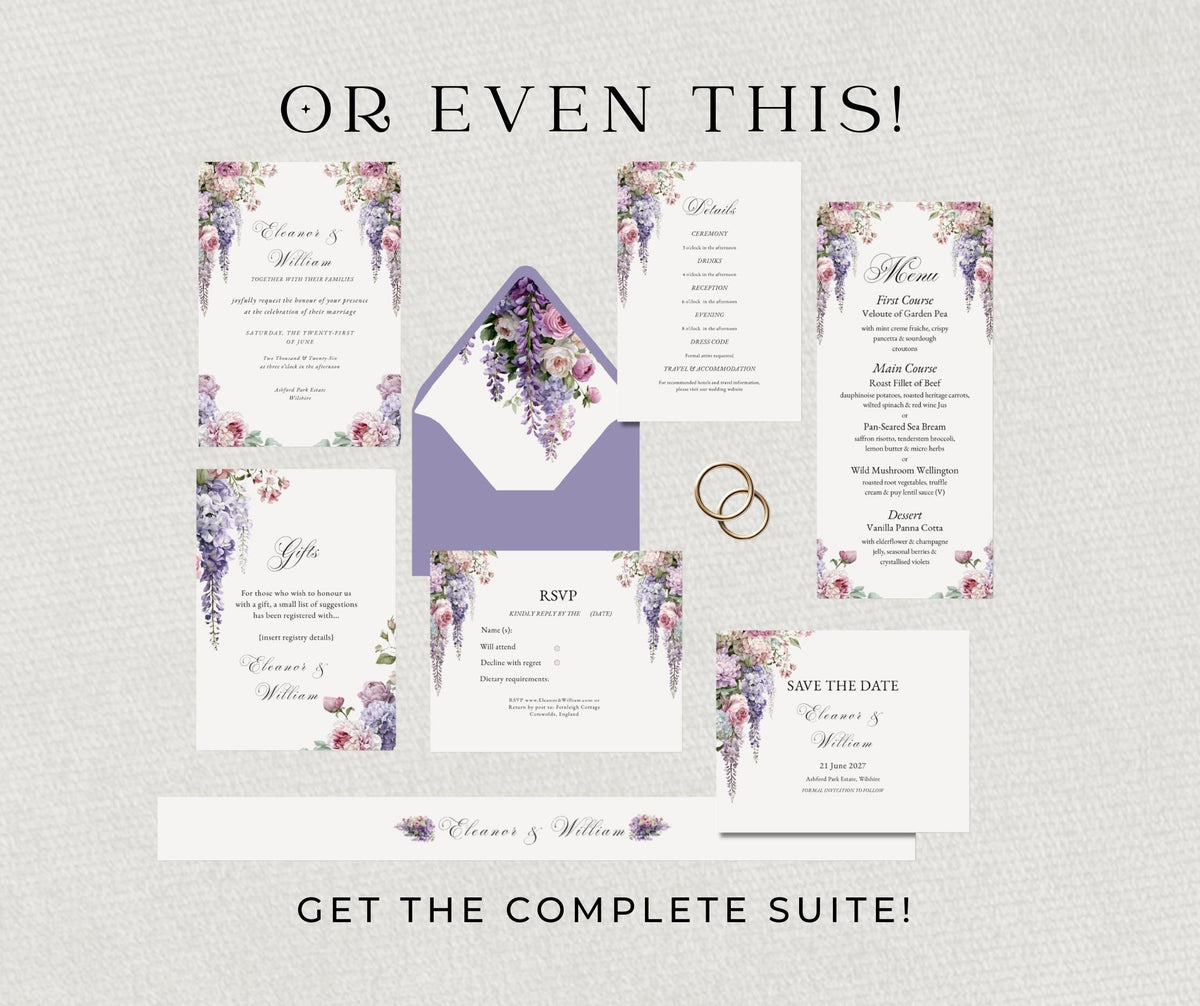 Regency Wisteria Wedding Invitation Set. Blush Lavender Floral Editable Canva Template, English Garden Invite RSVP Details