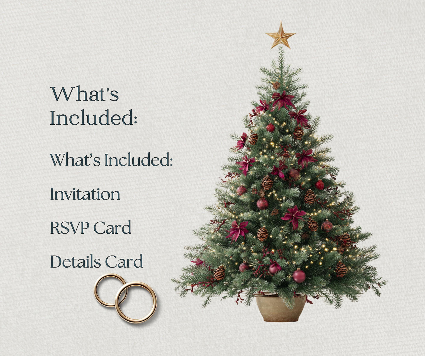 Burgundy and Gold Christmas Wedding Invitation Template. Editable Canva Winter Invite. Red Festive Tree Design, Printable RSVP Details Card