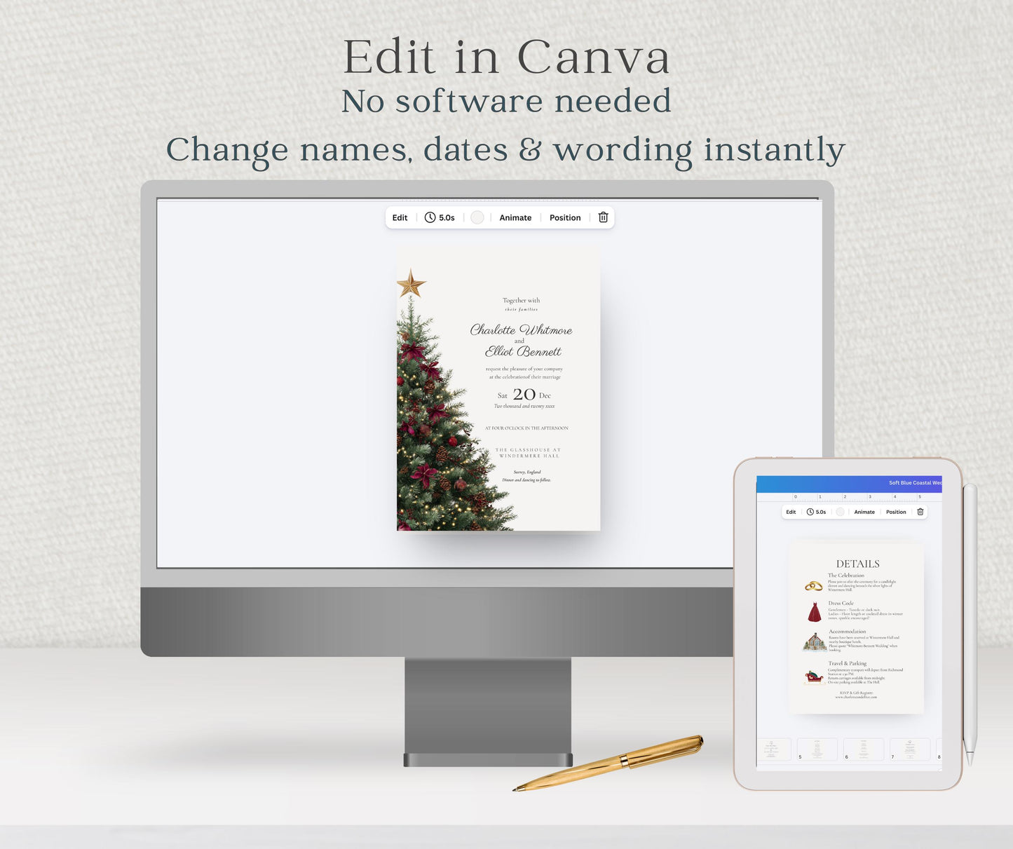 Burgundy and Gold Christmas Wedding Invitation Template. Editable Canva Winter Invite. Red Festive Tree Design, Printable RSVP Details Card