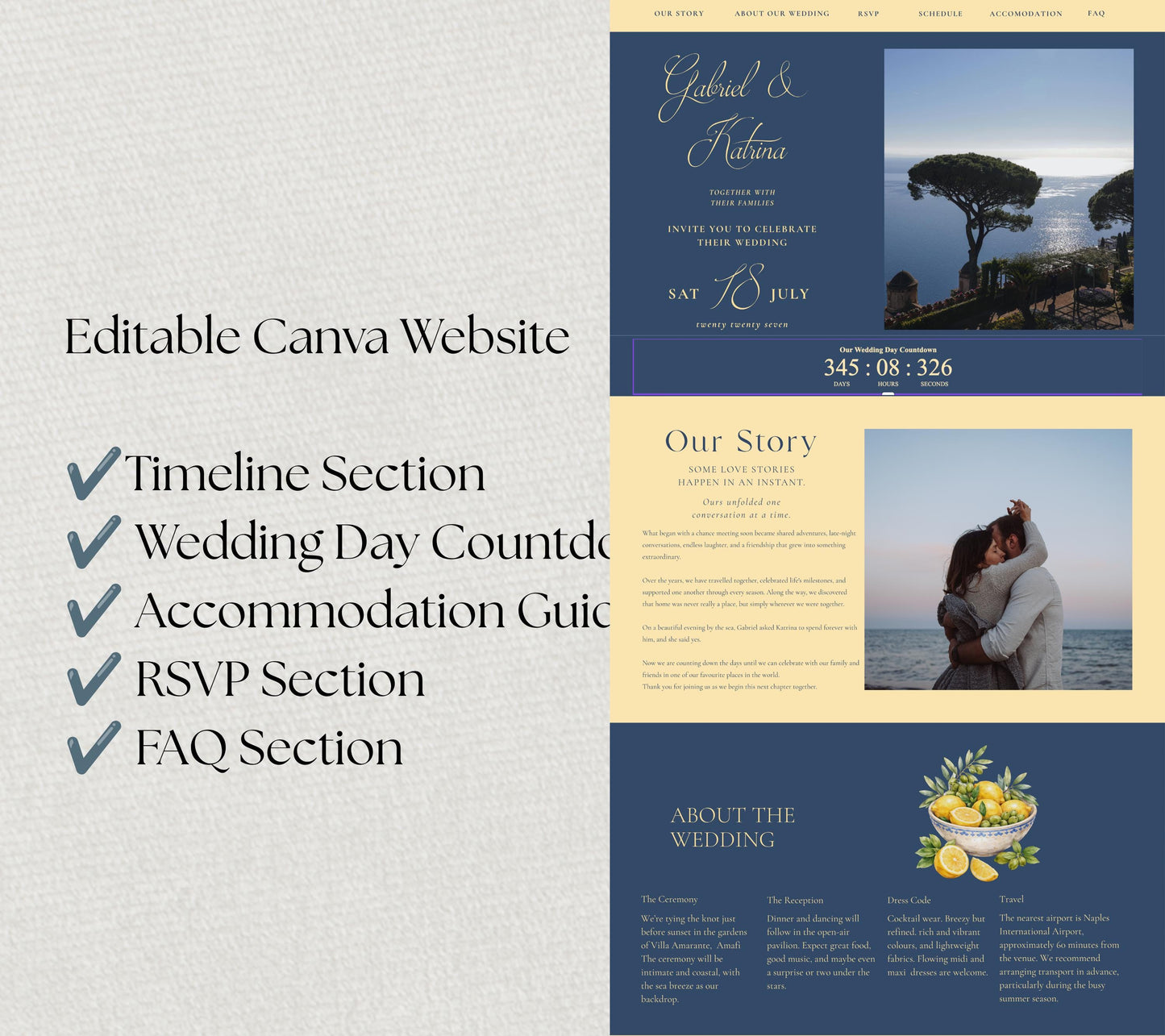 Italian Wedding Website. Canva Amalfi Destination Template. Lemon Theme with Live Countdown. Google RSVP, Meals, Song Request Tracker.
