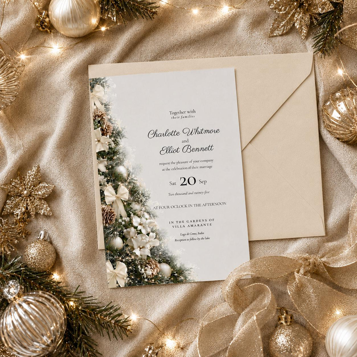 Gold and Cream Christmas Tree Wedding Invitation. Winter Editable Canva Template.  Festive Printable Instant Download.