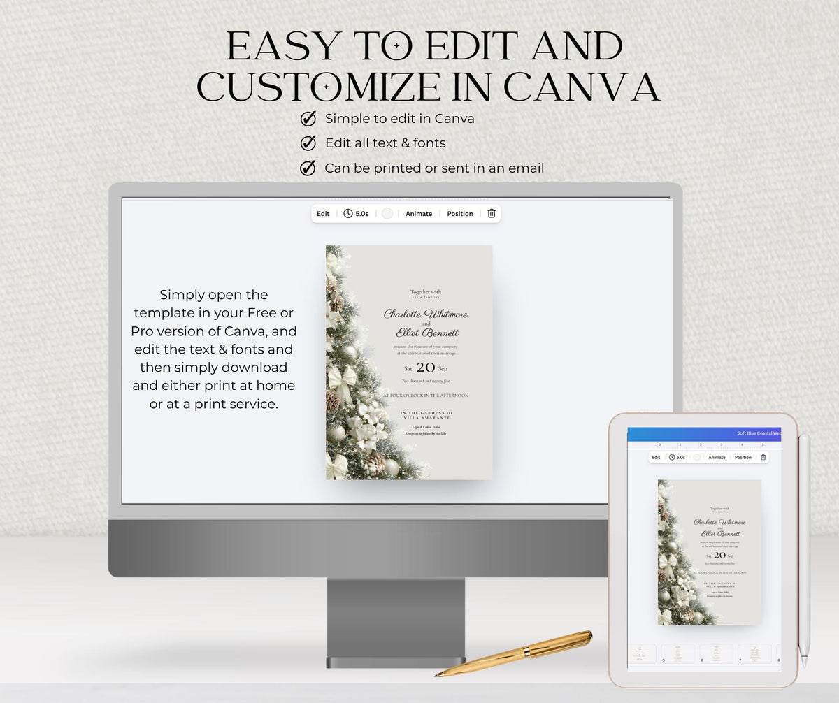 Gold and Cream Christmas Tree Wedding Invitation. Winter Editable Canva Template.  Festive Printable Instant Download.