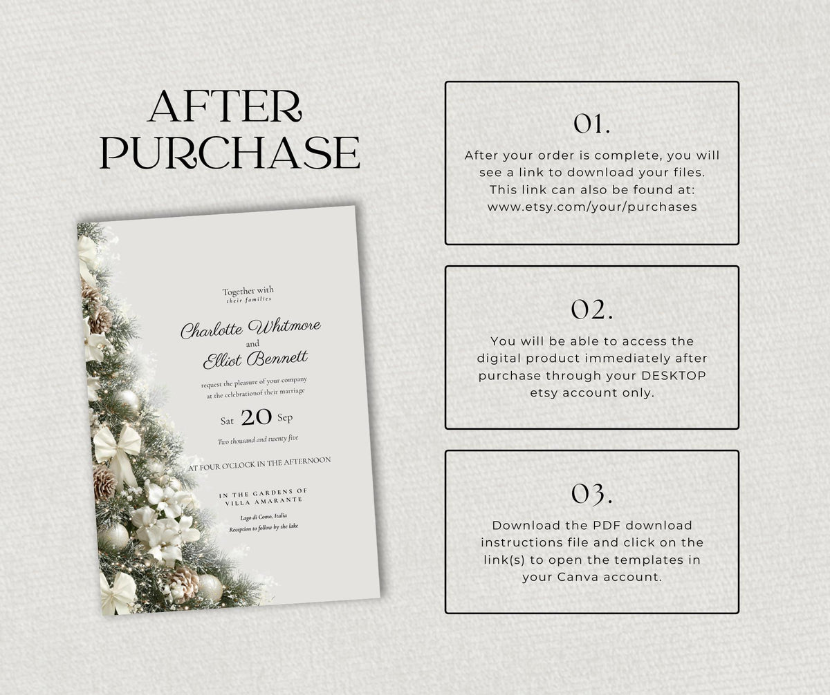 Gold and Cream Christmas Tree Wedding Invitation. Winter Editable Canva Template.  Festive Printable Instant Download.