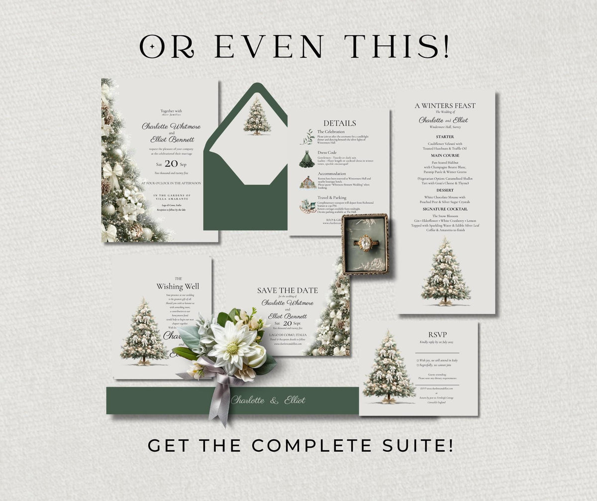 Gold and Cream Christmas Tree Wedding Invitation. Winter Editable Canva Template.  Festive Printable Instant Download.