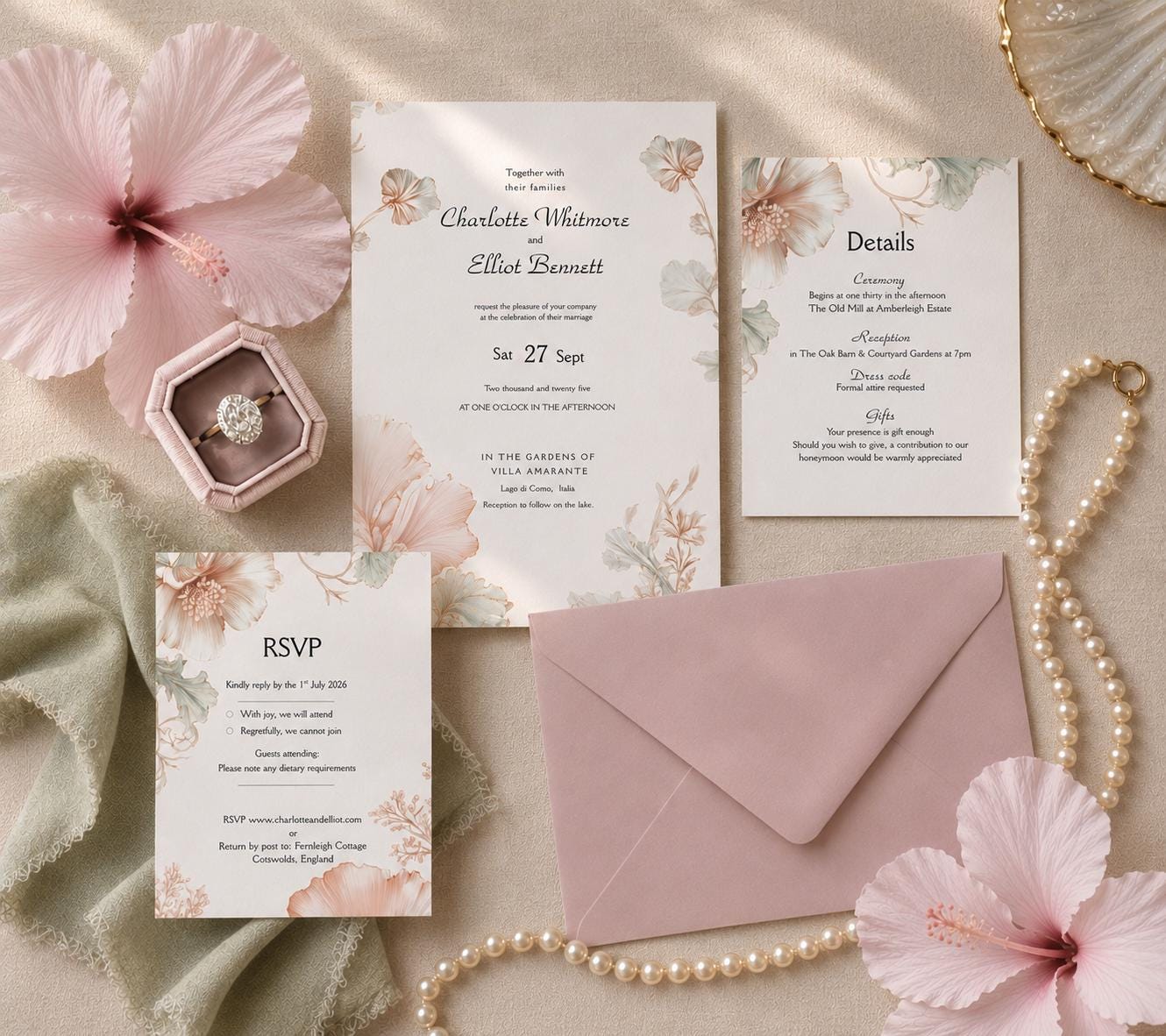 Blush Pink and Sage Green Wedding Invitation Set. Editable Art Nouveau Canva Digital Download.