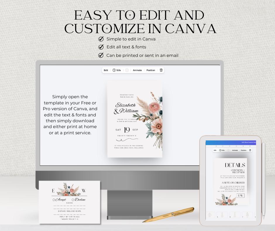 Coastal Boho Wedding Invitation Set. Mediterranean Terracotta Sage Editable Template. Invite RSVP Details Card Printable Canva