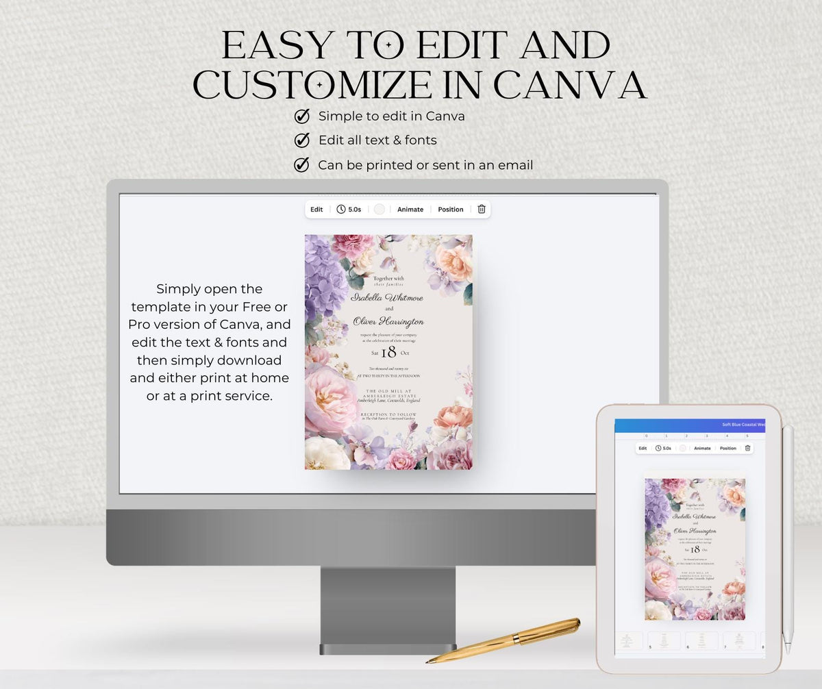 Summer Pastel Wedding Invitation Only. Lavender Blush Editable Template. Cotswolds Estate Printable Invite.