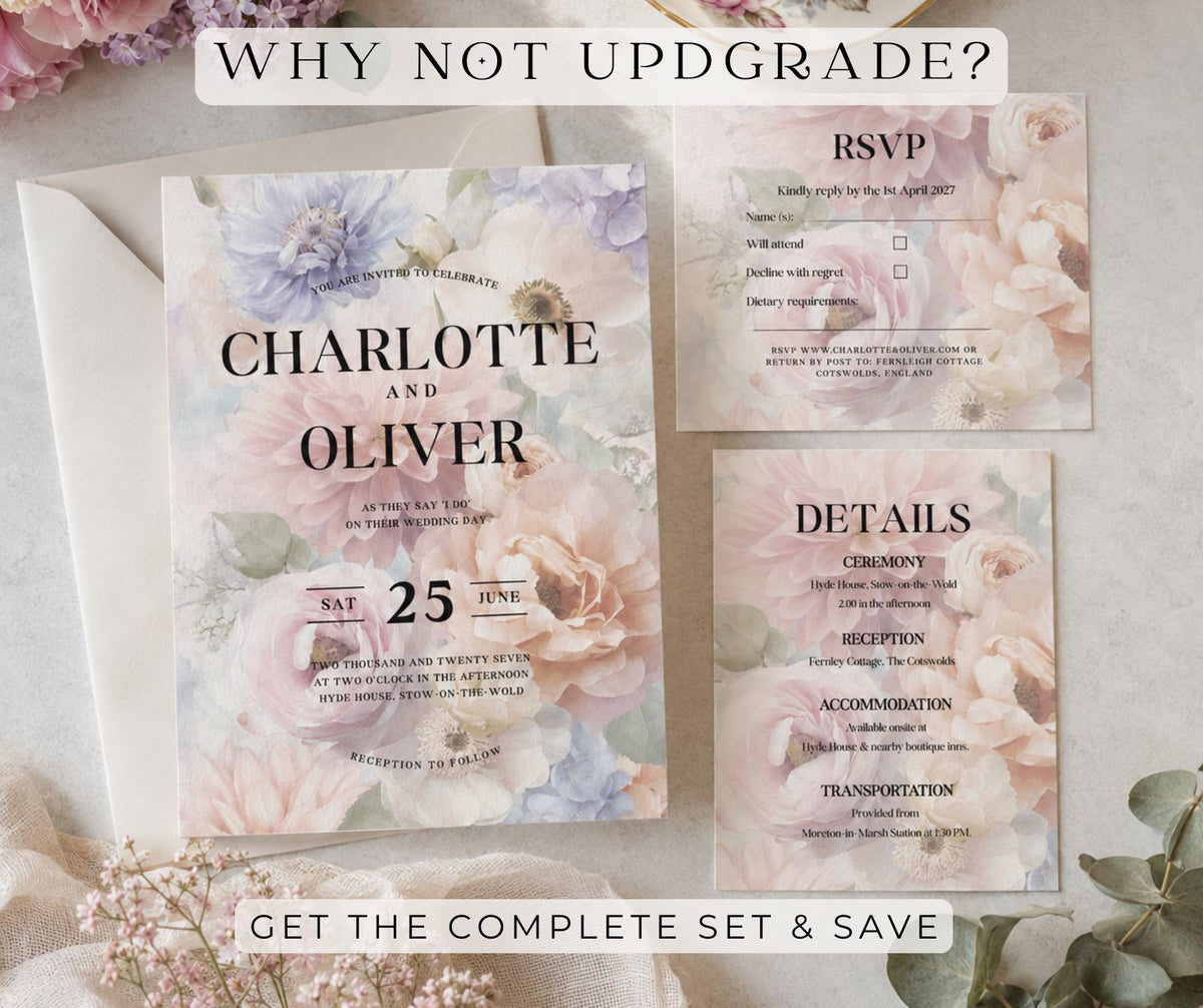 Summer Pastel Wedding Invitation Only. Lavender Blush Editable Template. Cotswolds Estate Printable Invite.