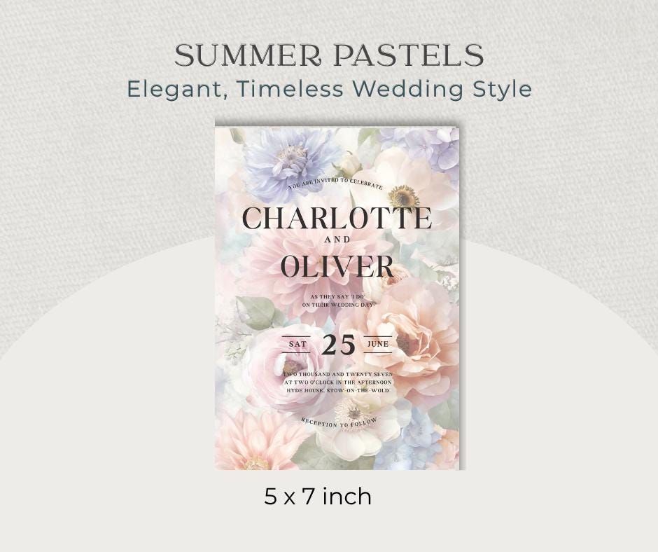 Lilac and Blush Wedding Invitation. Powder Blue and Peach Floral Blooms. Editable Canva Template. Watercolour Printable.