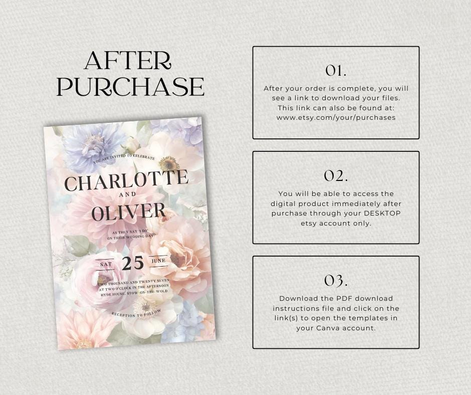 Lilac and Blush Wedding Invitation. Powder Blue and Peach Floral Blooms. Editable Canva Template. Watercolour Printable.