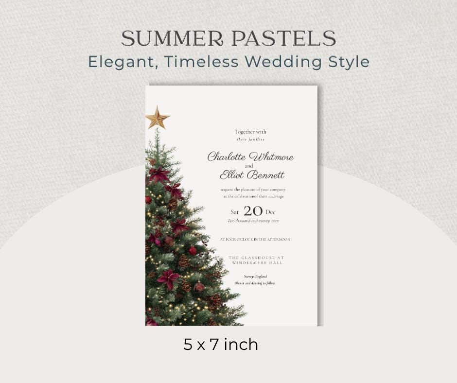 Burgundy and Gold Christmas Wedding Invitation. Editable Winter Invite. Elegant Tree Design. Instant Download Canva Template.