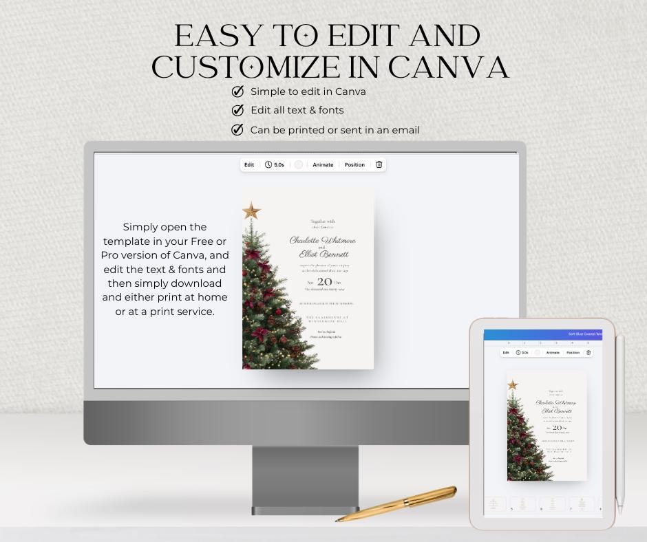 Burgundy and Gold Christmas Wedding Invitation. Editable Winter Invite. Elegant Tree Design. Instant Download Canva Template.