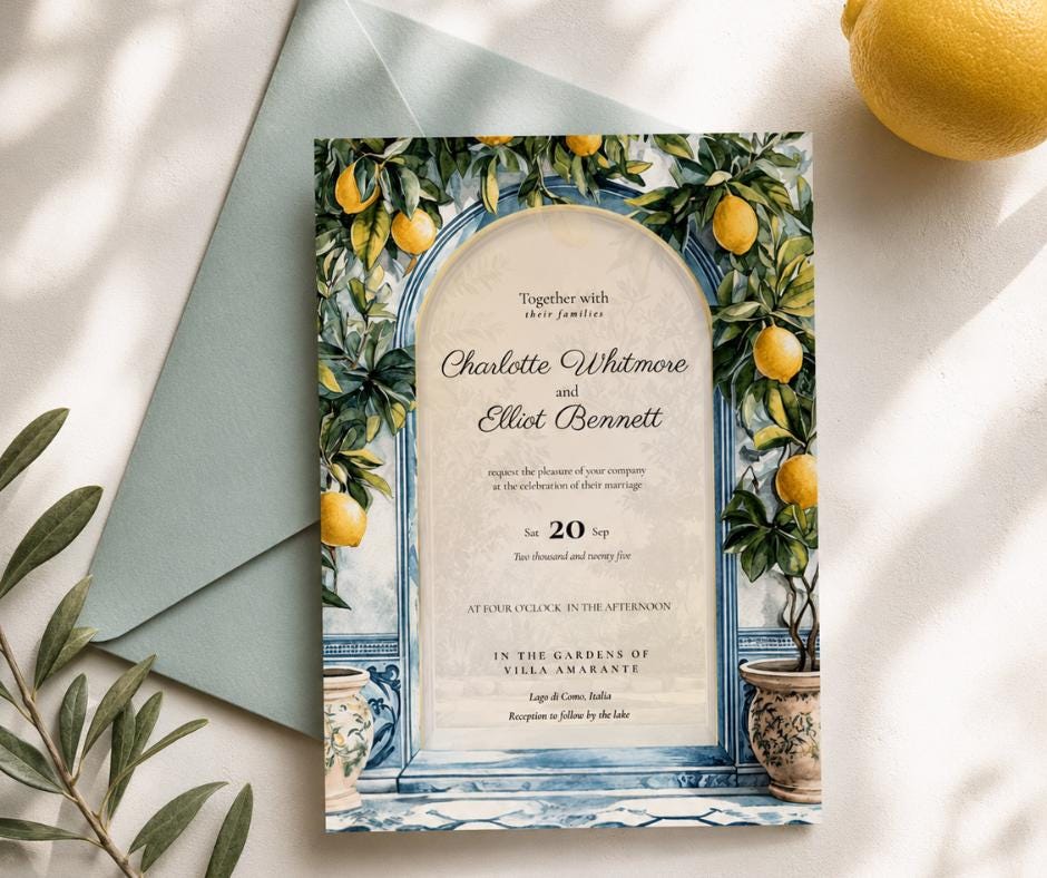 Lake Como Wedding Invitation. Italian Lemon Grove Invite. Blue Tile Villa Wedding Stationery. Editable Canva Template Digital Download.
