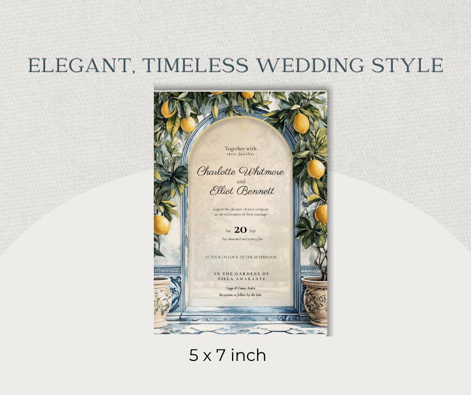 Lake Como Wedding Invitation. Italian Lemon Grove Invite. Blue Tile Villa Wedding Stationery. Editable Canva Template Digital Download.