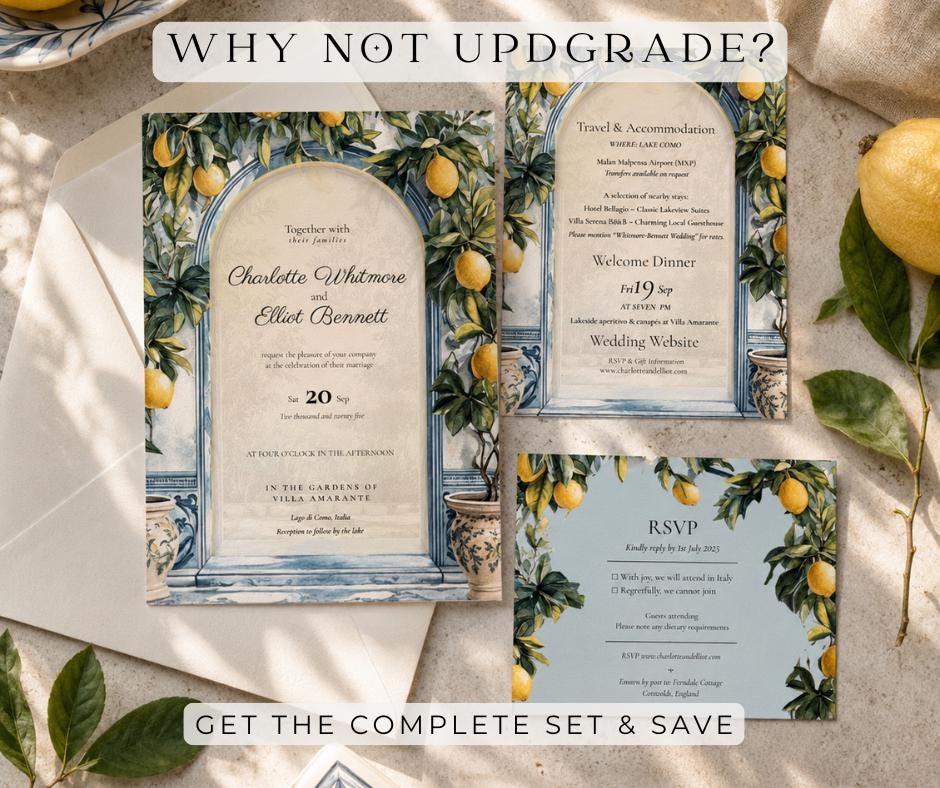 Lake Como Wedding Invitation. Italian Lemon Grove Invite. Blue Tile Villa Wedding Stationery. Editable Canva Template Digital Download.