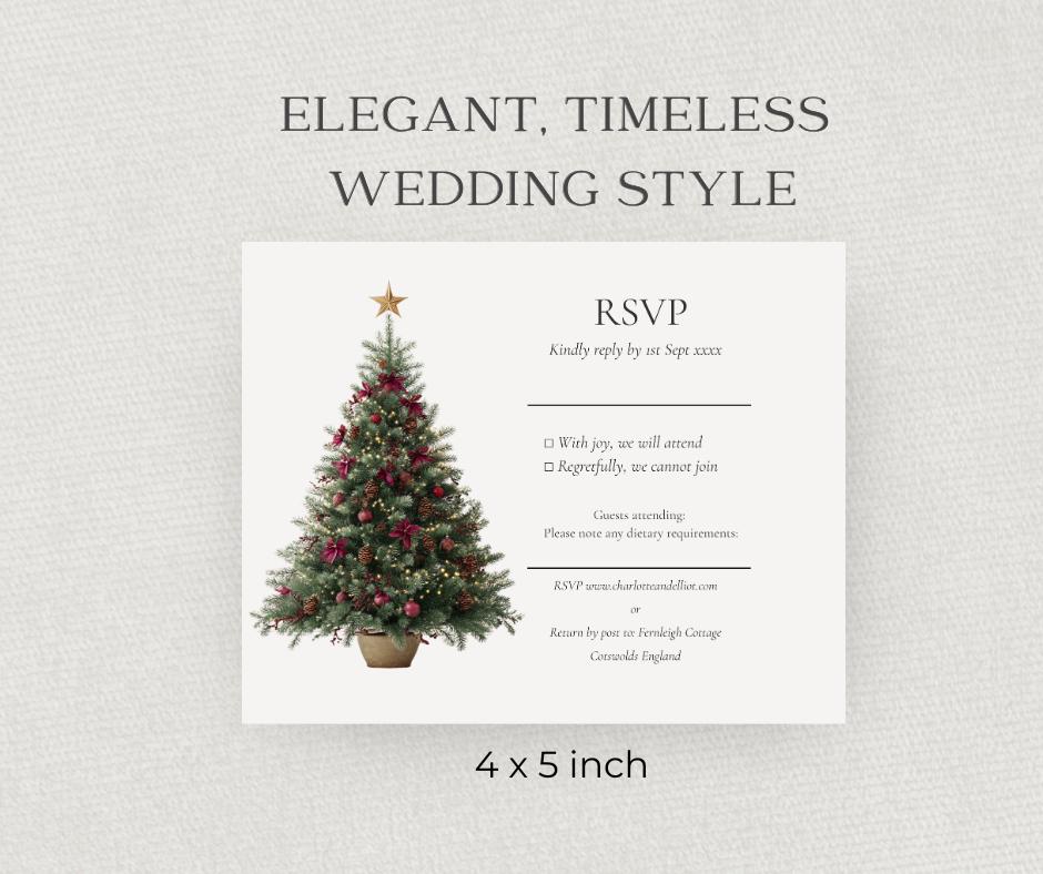Christmas Tree Wedding Invitation Suite. Burgundy & Gold Winter Wedding Invite. Editable Instant Download set.